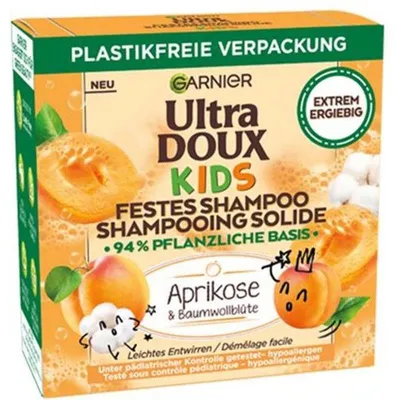 Produktbild von Garnier Ultra Doux Aprikose & Baumwollblüte Festes Kindershampoo, Kinder, Nicht-professionell, Festes Shampoo, Empfindliches Haar, Alle Farben, Klärend, Behandlung