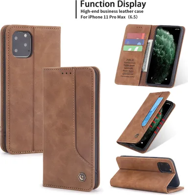 Produktbild von iPhone 11 Pro Max Hülle, LaimTop Retro Kunstledertasche Schutzhülle mit Kartenfach Standfunktion für iPhone 11 Pro Max Braun