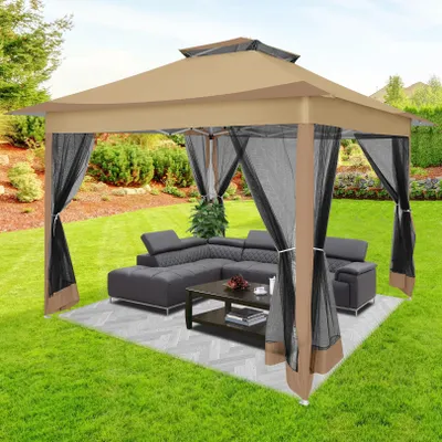 Image de Pavillon 3,6 x 3,6 m, pavillon pliable, chapiteau, tente de jardin avec 4 panneaux latéraux en gaze, protection UV 50+, double toit avec trou d'aération, sac de transport inclus