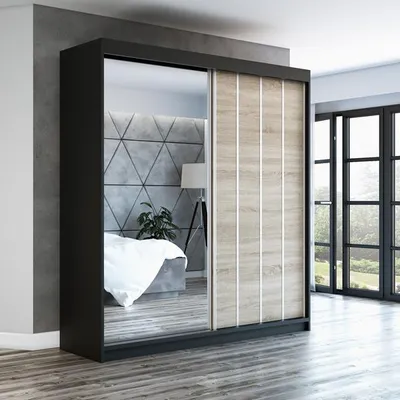 Produktbild von Schwebetürenschrank, 2-türig Schrank mit Spiegel! Moderne Garderobe für Kleidung. Verschiedene Farben (Weiß, Schwarz, Somona) Kleiderschrank VIGO 180 cm