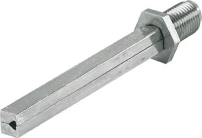 A metal object with a threaded end and a square shaft with a split down the middle, isolated on a white background.