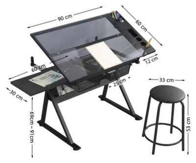 Image de Table à dessin Zimilo noire avec tabouret, plateau en verre inclinable de 0 à 75°, 2 tiroirs métalliques, pour atelier, bureau et loisirs