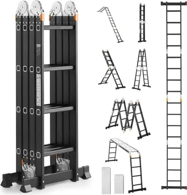 Obrázok produktu pre Viacúčelový skladací rebrík 7 v 1, 4 stupne, 4,7 m, s lešenárskou doskou