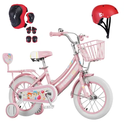 Produktbild von Habib Bicycle Mädchenfahrrad 12" 14" 16" | Komplett-Set mit Schutzpads & Pumpe., Pink / 14 zoll