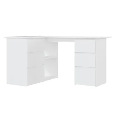 A white corner desk with drawers and shelves against a white background.