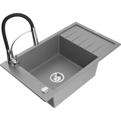 Obrázek produktu pro Mexen Elias 1-miskový granitový dřez s odkapávačem a kuchyňskou baterií Aster, Šedá - 6511-71-73450-07