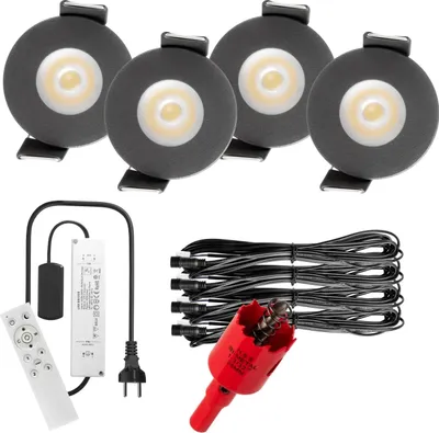 Produktbild von S-Polylight PREMIUM Mini LED- Einbauspots Kaltweiß 6.000K, Smart, Smarthome, App, Alexa, DIMMBAR, IP65, FUNK 3W LED Einbaustrahler Terrassenüberdachung, Terrassenbeleuchtung, Bad, Sauna, LED Spots mit Fernbedienung (ANTHRAZIT, 4x SMARTHOME LED-SET)