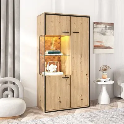 Produktbild von Odikalo Standvitrine Standschrank 15 Farbe LED Glastür Regal Stauraum Glasboden Schaukasten