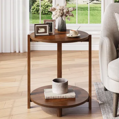 Produktbild von Beistelltisch aus Massivholz für Wohnzimmer, kleiner runder Beistelltisch 2 Ablageflächen, Retro-Nachttisch Holz, Akzentmöbel für kleine Räume, Braun