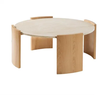 Produktbild von CALICOSY -  Runder Couchtisch in Travertinoptik und Beinen in Holzoptik Ø80 cm - IZIA