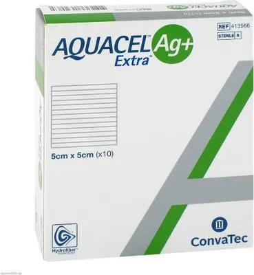 A box of ConvaTec Aquacel Ag+ Extra Dressing.