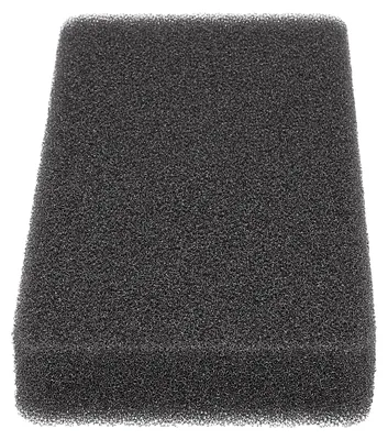 A close-up, top-down view of a rectangular black foam filter.