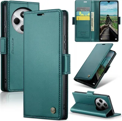 A collage of images showing a teal leather phone case with card slots and a stand function.
