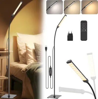 Obrázek produktu pro LED stojací lampa s USB a napájecím kabelem, 360° otočný krk, 3 barevné teploty, 5 stupňů stmívání, výška nastavitelná do 140 cm, dálkové ovládání, paměť, časovač