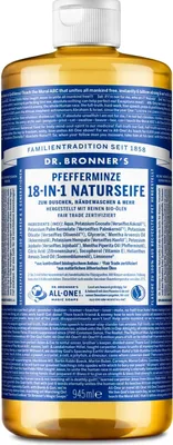 Obrázek produktu pro Dr.Bronner's 18-IN-1, Tekuté mýdlo, Čisticí, Aqua, Potassium Cocoate (Saponified Co¬conut Oil*‡), Potassium Palm Kernelate (Saponified Palm..., 945 ml, 1 kusů