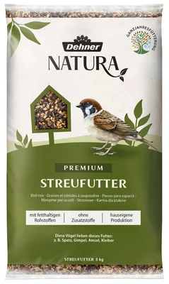 Produktbild von Dehner Natura Premium Wildvogelfutter, Streufutter, Ganzjahresfutter proteinreich / energiereich, hochwertiges Vogelfutter für Wildvögel, 5 kg