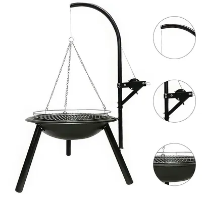 Produktbild von Schwenkgrill mit Dreibein-Ständer, Hängegrill für den Garten, Grillständer mit Rost & Kette, 55×55×125 cm, Schwarz