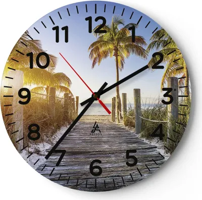 Produktbild von Wanduhr - Rund - Glasuhr - Strand Palmen Fußgängerbrücke - 30x30cm - Schleichendes Uhrwerk - Lautlos - zum Aufhängen bereit - Dekoration Modern - Wanddekoration aus Glas - C4AR30x30-4171