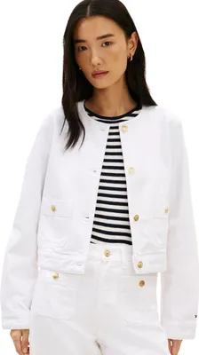 Produktbild von Tommy Hilfiger Gold-Tone Button Collarless Denim Jacket, Weiblich, Erwachsener, Slim fit, Kleidungsknopf, Baumwolle, Weiß