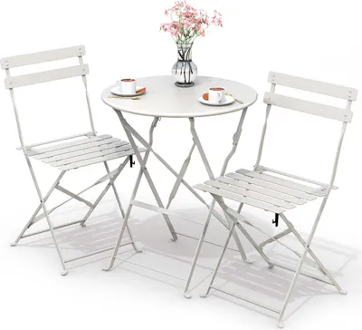Immagine prodotto di Set da bistrot in metallo VOUNOT® da 3 pezzi, tavolo da bistrot pieghevole con 2 sedie, bianco