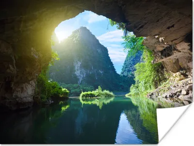 Produktbild von MuchoWow® Poster Wasser - Höhle - Sonne - Natur - Pflanzen 120x90 cm - Wandbild