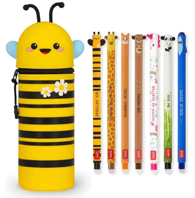 Produktbild von LEGAMI Set mit 7 radierbaren Gelstiften + 2-in-1-Federmäppchen mit thermoempfindlicher Löschtinte, verschiedene Tintenfarben und Schaftdesigns, 0,7 mm Spitze