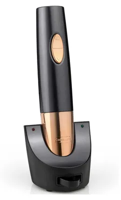 An electric corkscrew with its charging base, presented against a white background.