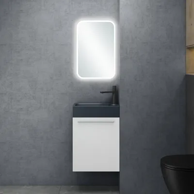 Produktbild von doporro Badmöbel-Set Waschtisch mit Unterschrank in matt Weiß Waschbeckenunterschrank Gäste WC 46x26x63cm inkl. matt Anthrazit Waschbecken und LED-spiegel Pisa