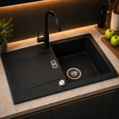 Produktbild von Design Granitspüle Sigmaa Granitspüle Schwarz Küchenspüle Granit Siphon Einbauspüle, Eckig, 76/44 cm,