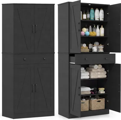 Produktbild von COSTWAY Küchenschrank hoch, 183 cm, Vorratsschrank mit 4 Türen, Schublade & 3 Regalen, Mehrzweckschrank modern, Hochschrank Buffetschrank, Schwarz