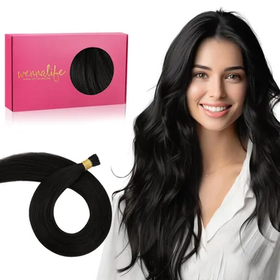 Image de Extensions à clips, cheveux naturels, 50g, 50 mèches, 60 cm, noir naturel