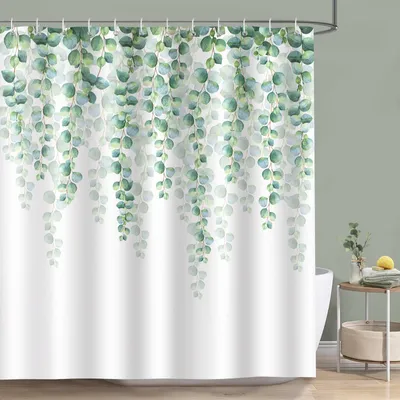Produktbild von Duschvorhang mit grünen Eukalyptusblättern, 180 x 180 cm, schimmelresistent, wasserdicht, Polyestergewebe, waschbar, Badezimmervorhang mit 12 Haken