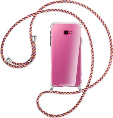 Produktbild von Handykette Backcover-Schutzhülle mit Band (Metall silberfarben) für Samsung Galaxy J4 Plus - weinrot/gelb/grau