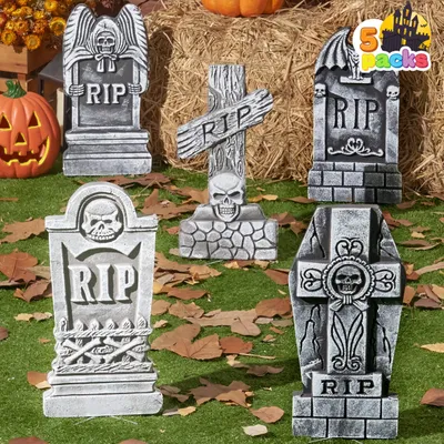 Produktbild von JOYIN 43,2 cm große Halloween-Grabsteine (5er-Pack), Dekorationen für den Außenbereich und Friedhöfe, mit 12 Metallpfählen