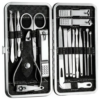Immagine prodotto di Kit completo per manicure e pedicure, 19 pezzi, in acciaio inossidabile, con custodia in poliuretano, ideale per la cura di mani e piedi
