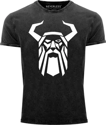 Produktbild von Herren Vintage Shirt Odin Helm Krieger Valhalla Printshirt T-Shirt Aufdruck Used Look Slim Fit Neverless® schwarz M