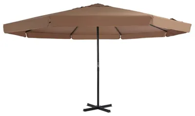 Zdjęcie produktu dla Parasol z masztą aluminiową o wysokości 5 metrów, kolor taupe, z krzyżową podstawą. Posiada ochronę przed promieniowaniem UV i jest odporny na warunki atmosferyczne