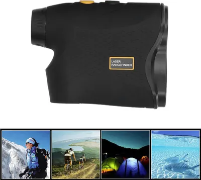 A laser rangefinder is shown at the top, with four smaller images below depicting outdoor activities: mountain climbing, cycling, camping, and underwater fishing.