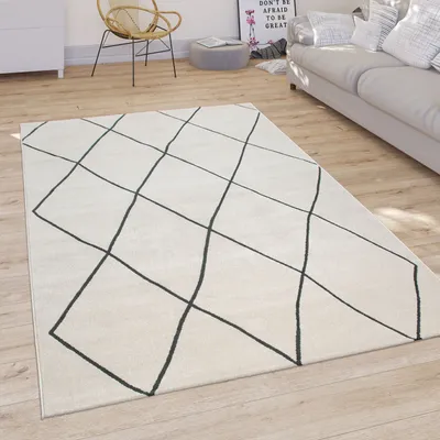 Produktbild von Teppich Wohnzimmer Skandi Rauten Muster Kurzflor Hell Und Modern In Weiß Grösse 160x230 cm