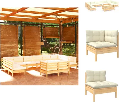 Produktbild von vidaXL 12-tlg. Garten-Lounge-Set mit Creme Kissen Massivholz Kiefer -  Gartenmöbel-Sets