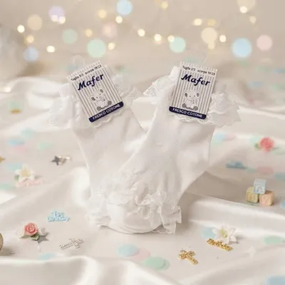 Produktbild von 2 Paar Baby Mädchen Socken Weiß mit Spitzenrand Gr. 19-23 9-18 Monate festlich Taufe Hochzeit Party