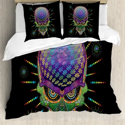 Produktbild von ABAKUHAUS Psychedelisch Bettbezug Set, Digital-mexikanischer Zuckerschädel-festliche Zeremonie Halloween-aufwändiges Effekt-Design, 155 x 220 cm + 80 x 80 cm, Mehrfarbig