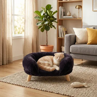 Produktbild von Katzensofa mit Rundem Kissen und Holzbeinen Katzensessel Haustiersofa Katzenbett 50*40*24 cm Braun