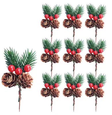 Produktbild von 10 künstliche Tannenzweige, künstliche Kiefernzweige, Beerenzweige und künstliche Tannenzapfen für Weihnachtsbaumschmuck, Weihnachtsblumen, Kränze und Dekorationen.