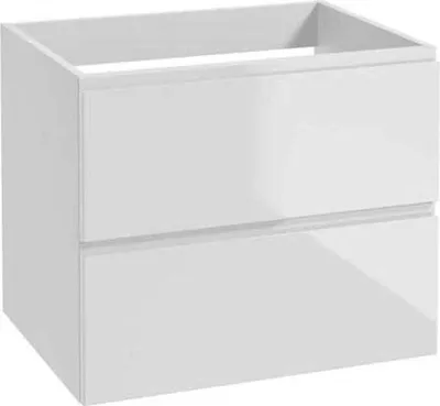 A white, two-drawer vanity cabinet is shown against a white background.