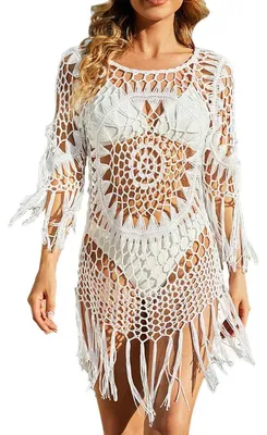 Produktbild von Strandkleid mit Quasten, Rundhalsausschnitt, Dreiviertelärmel, einfarbig, weich, weiß, Größe L
