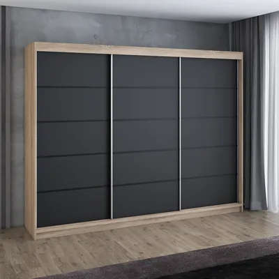 Produktbild von Schwebetürenschrank, 3-türig Schrank 200 cm mit 4 Schubladen, Retrostil Premium! Moderne Garderobe für Kleidung. Verschiedene Farben (Weiß, Schwarz, Somona) Kleiderschrank MES