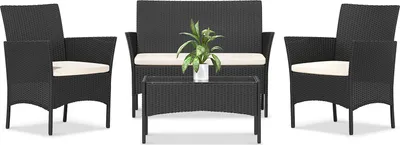 Zdjęcie produktu dla Zestaw mebli ogrodowych 4-częściowy Do użytku na zewnątrz, wykonany z rattanu, zestaw mebli ogrodowych dla 4 osób, w tym 1 sofa, 2 fotele, 1 stół, kolor czarny