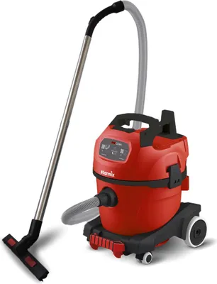 A red and black Starmix wet and dry vacuum cleaner with a silver wand and hose is shown against a white background.