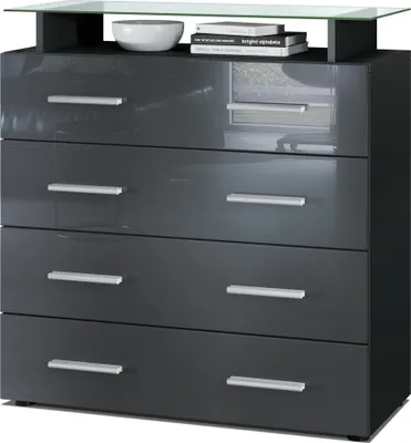 Produktbild von Vladon Sideboard Pavos V2, Kommode mit 4 Schubladen und Glasablage, Schwarz matt/Grau Hochglanz (76 x 81 x 35 cm)